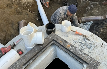 High-angle view of a worker fitting white plastic pipes into a concrete catch basin.